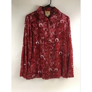 Ameri Mode Shirt Women's Size S Velvet Floral Full Zip Long Sleeve Sheer Detail